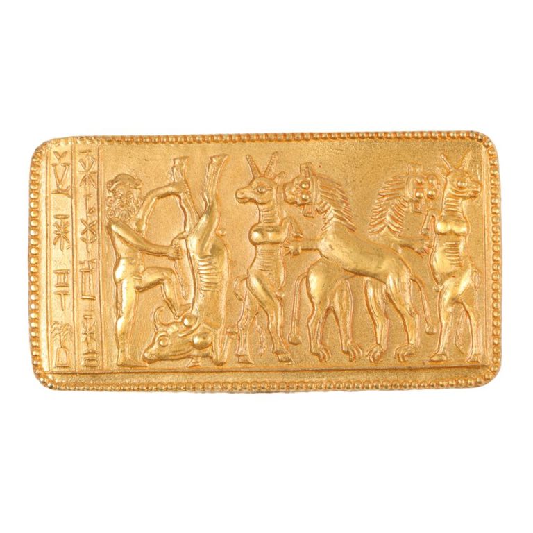 Vintage gold wash gilt Egyptian themed rectangular frieze brooch