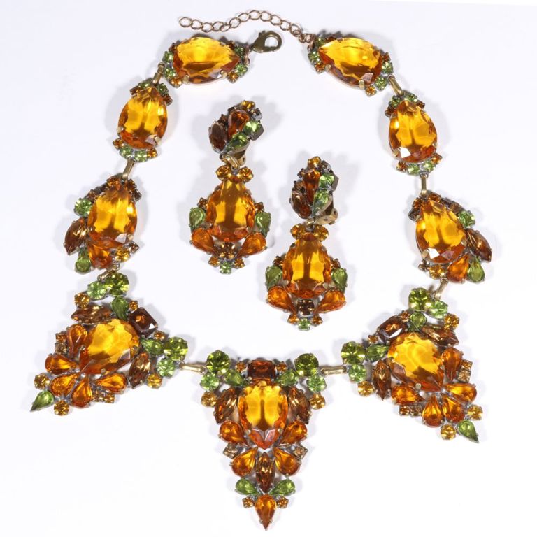Citrine and green crystal necklace with matching earrings
