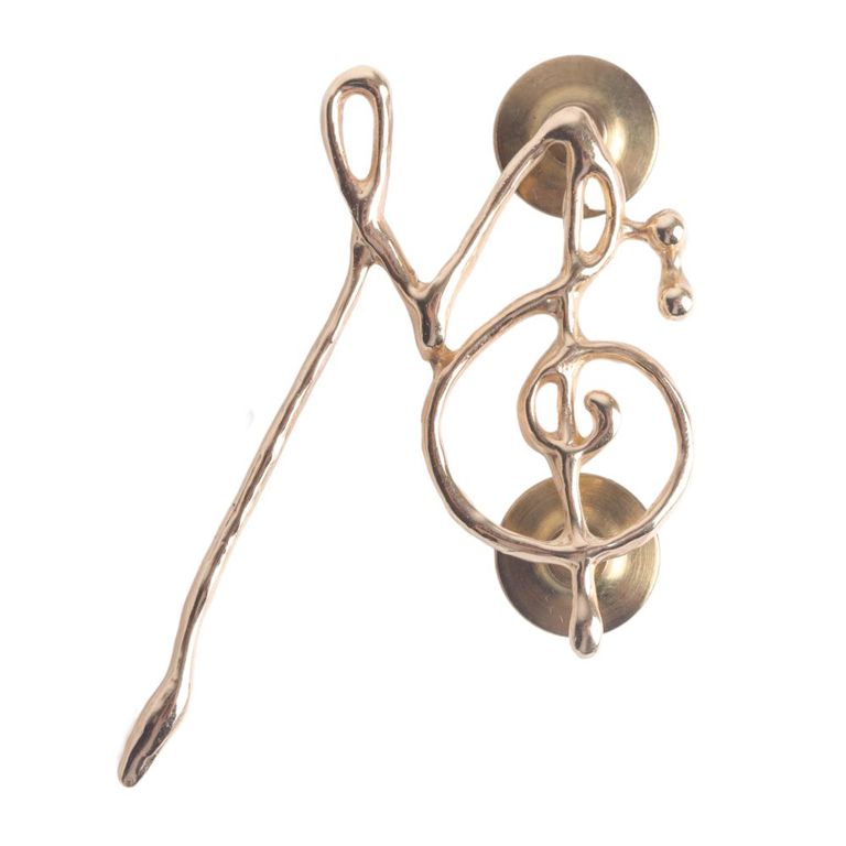 Modernist abstract gold tone treble clef pin brooch