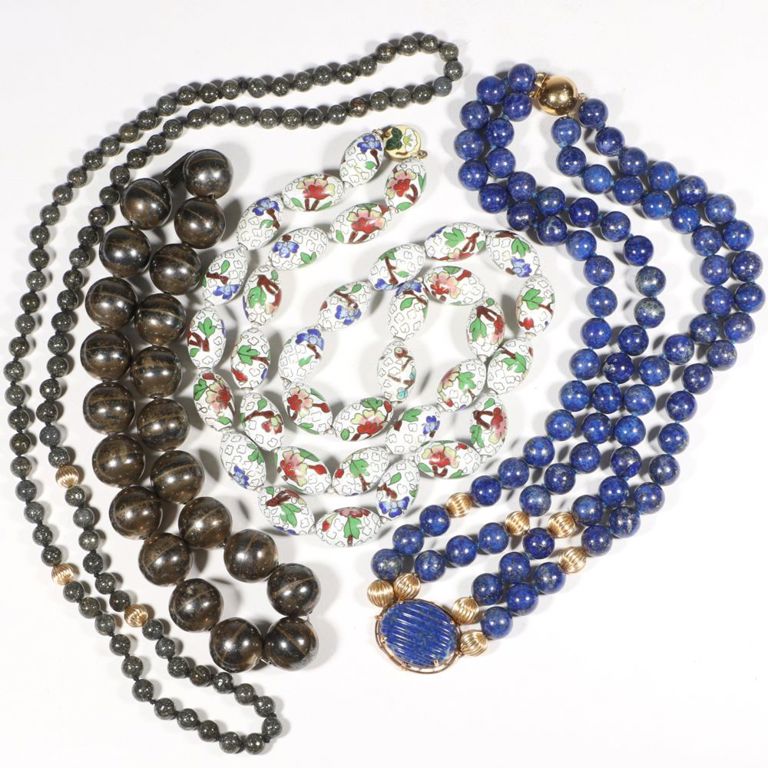 Enamel and natural stone beaded necklace 4pc. jewelry group