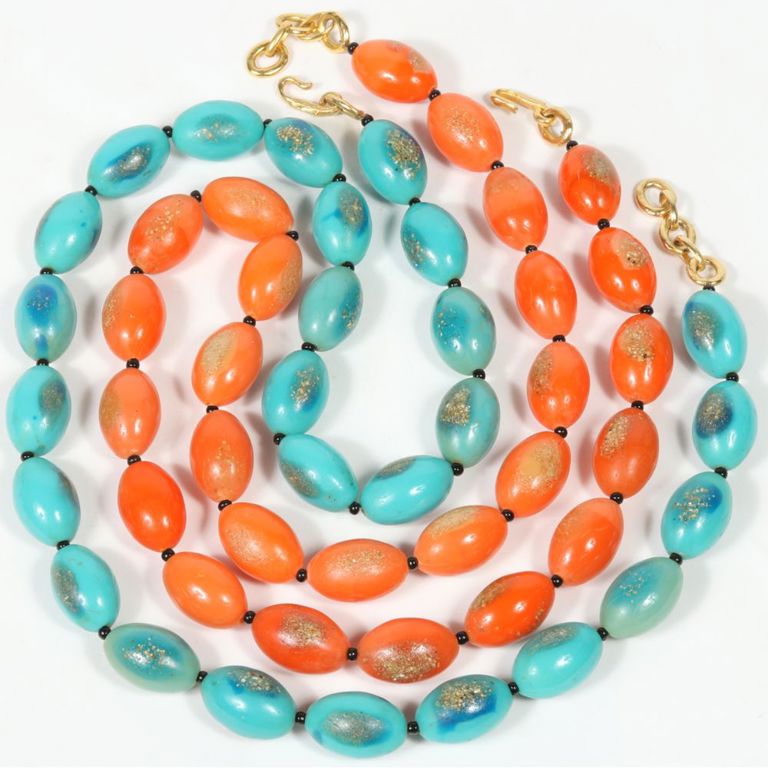 Turquoise and orange resin beaded necklaces