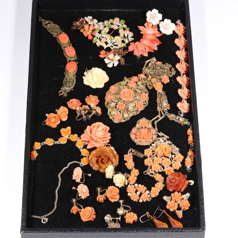 Vintage faux and natural coral jewelry group