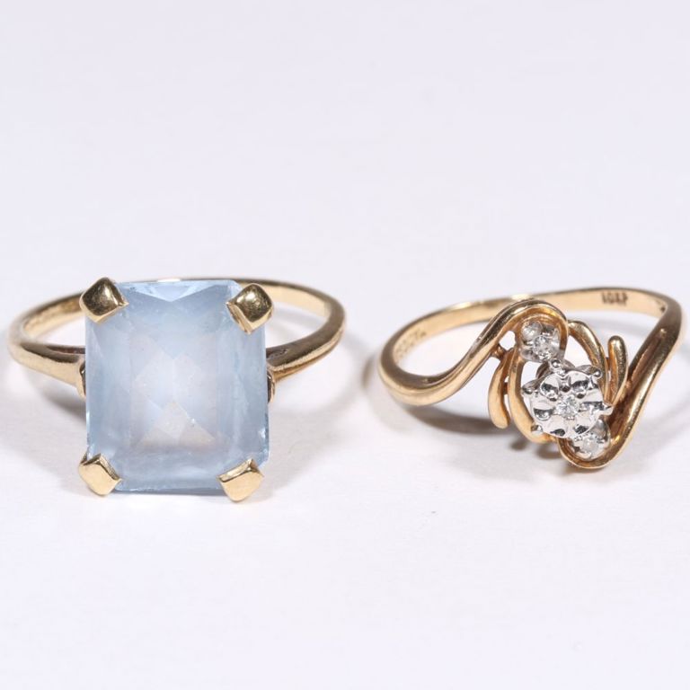 10k yellow gold diamond ring and 10k yellow gold chalcedony ring