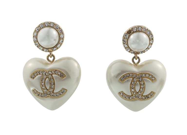 Pearl and crystal heart dangle earrings