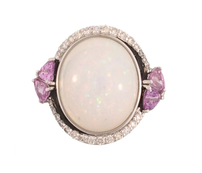 Platinum opal, sapphire and diamond ring