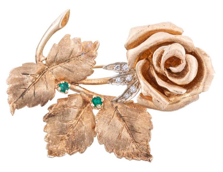 14k yellow gold diamonds and emeralds rose brooch