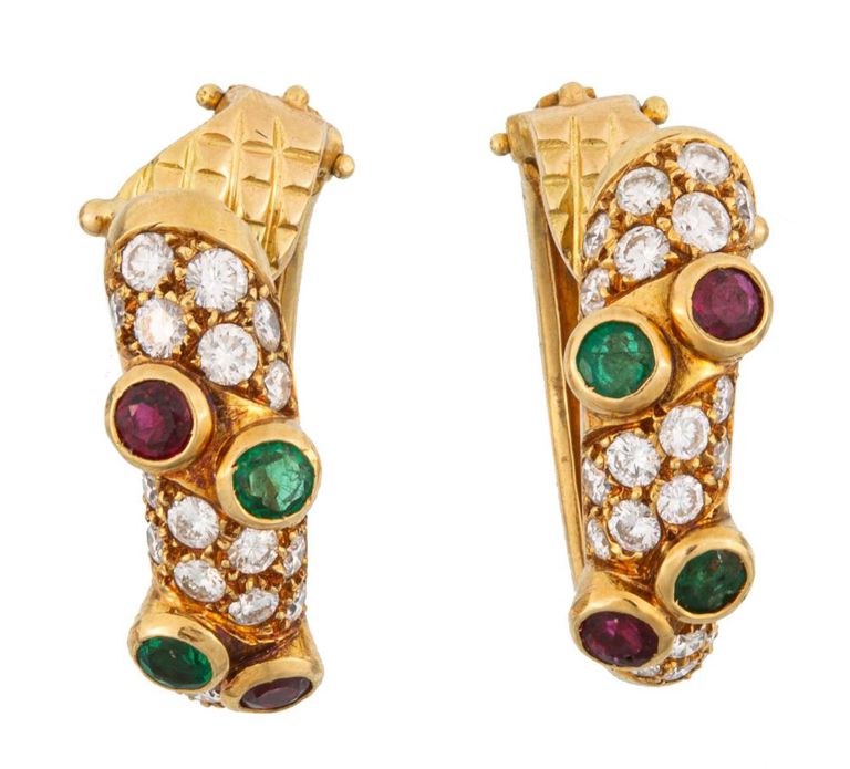 22k yellow gold diamond, ruby and emerald hoop earrings
