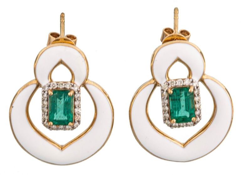 14k yellow gold emerald, diamond and enamel earrings