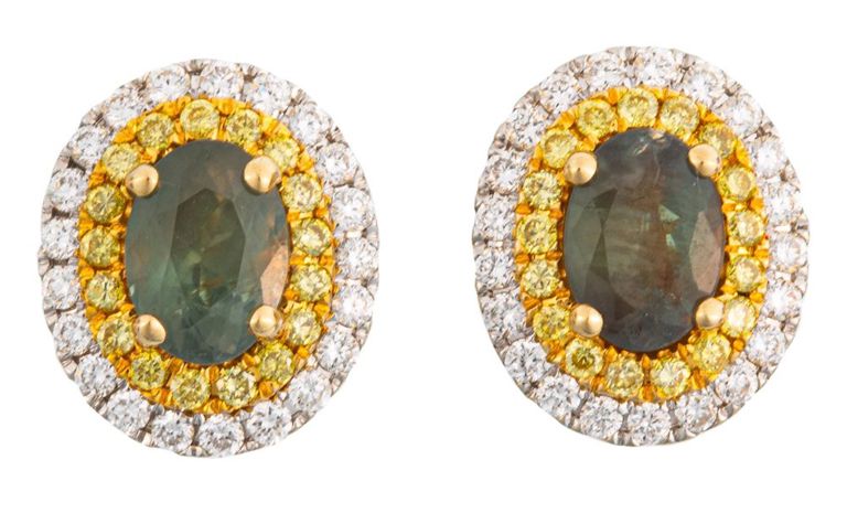 18k two-tone gold alexandrite and diamond stud earrings