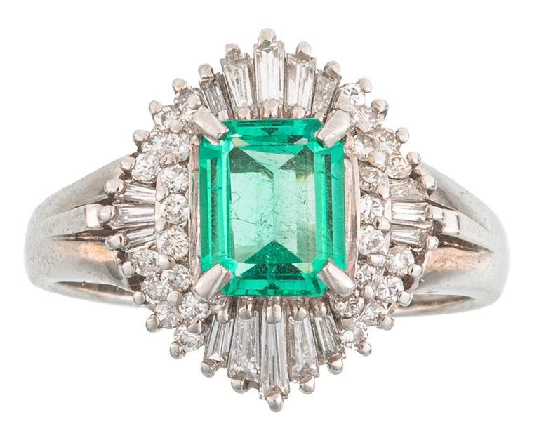 Platinum emerald and diamond ring
