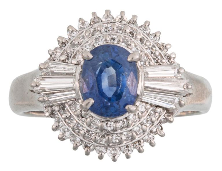 Platinum blue sapphire and diamond ring