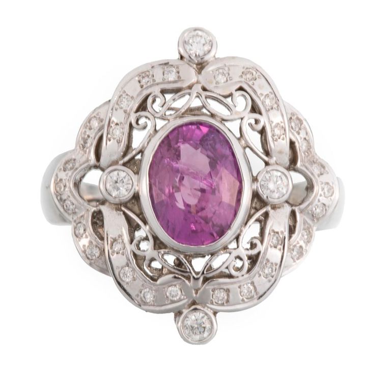 14k white gold pink sapphire and diamond ring