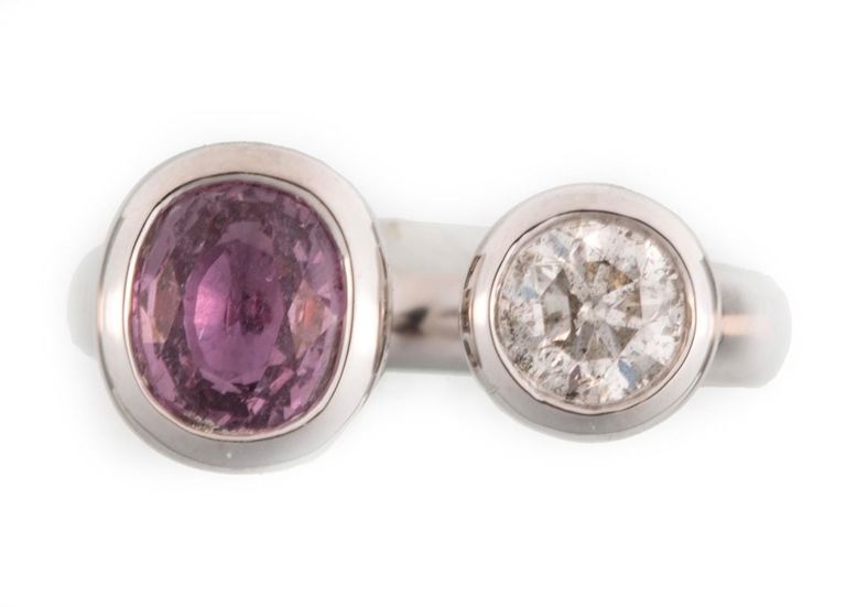 Platinum pink sapphire and diamond Toi Et Moi ring