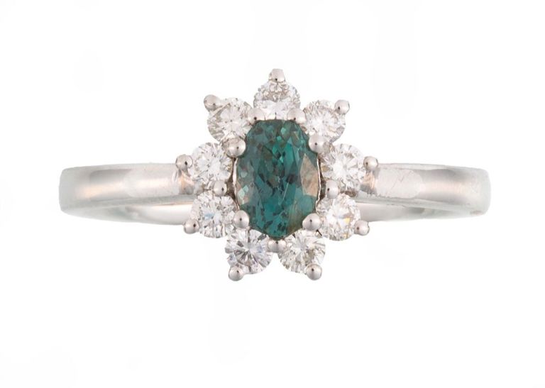 Platinum alexandrite and diamond ring