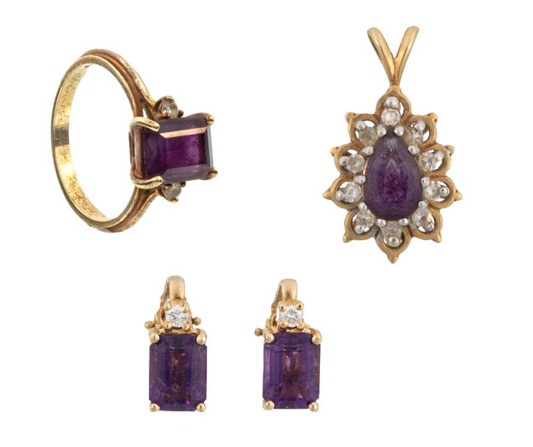14k yellow gold and amethyst jewelry set