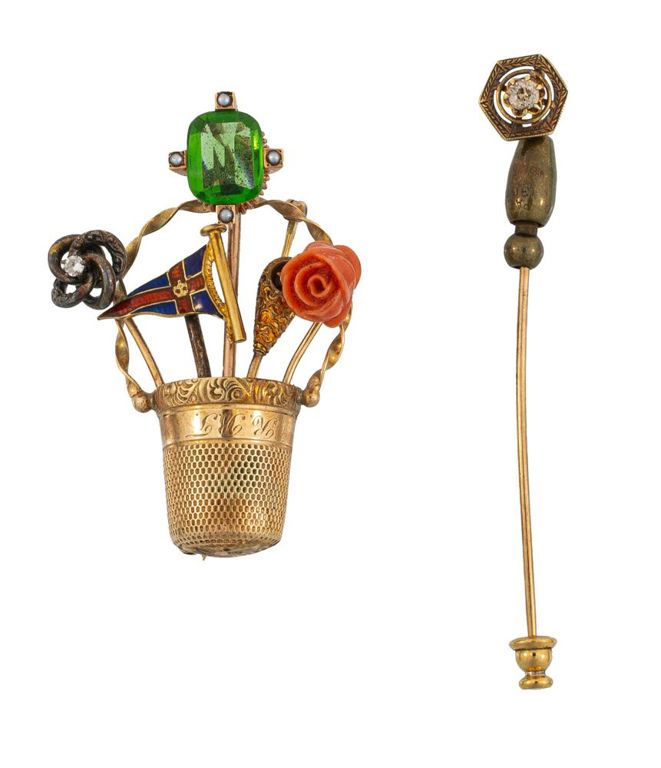 14k yellow gold gemstone brooch and 14k yellow gold diamond stickpin