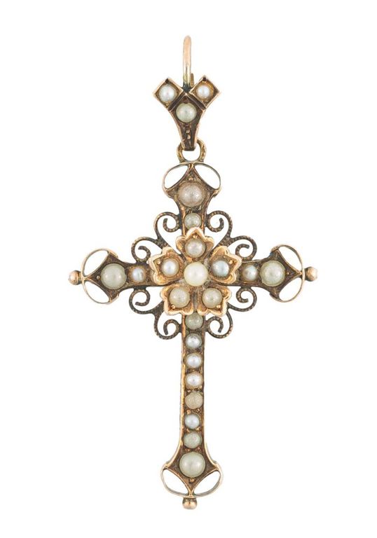 14k yellow gold seed pearl cross pendant
