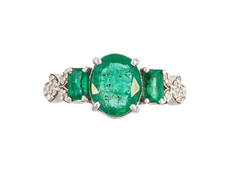 Sterling silver emerald and diamond ring