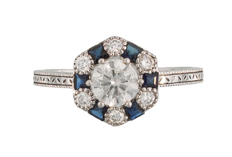 Platinum diamond and sapphire ring