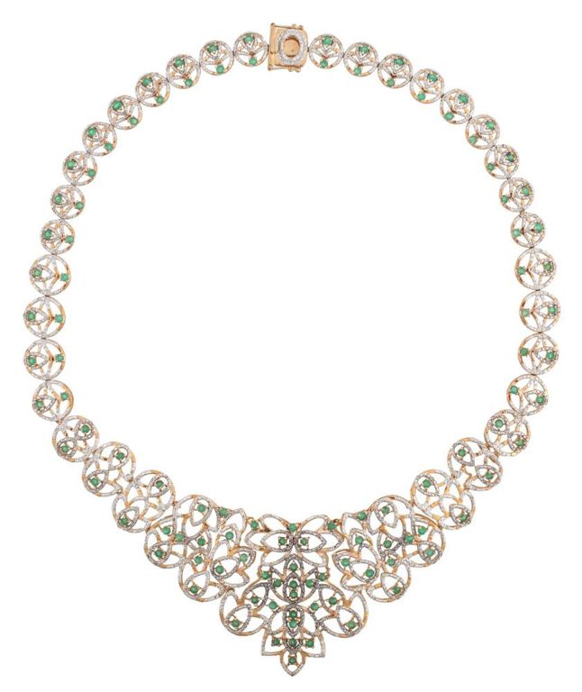 Gold vermeil, emerald and diamond bib necklace
