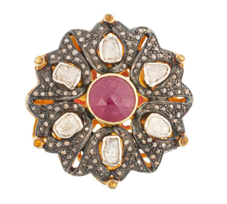 Gold vermeil, ruby and diamond ring