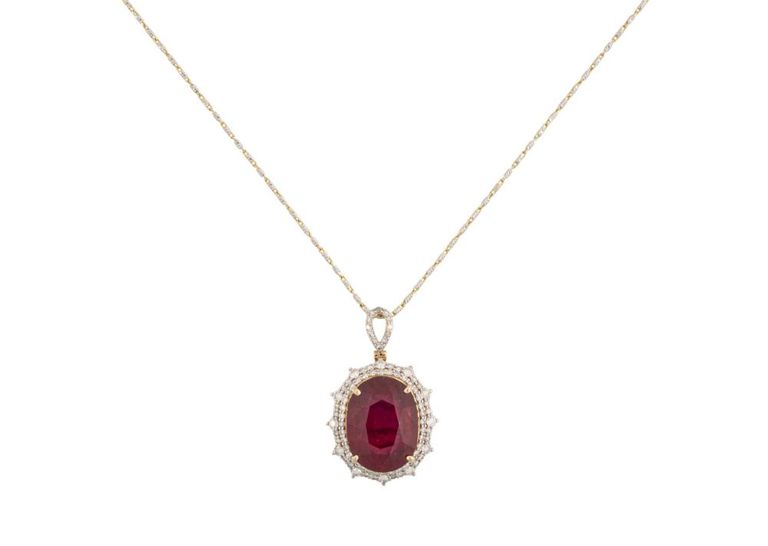 14k yellow gold ruby and diamond pendant on chain