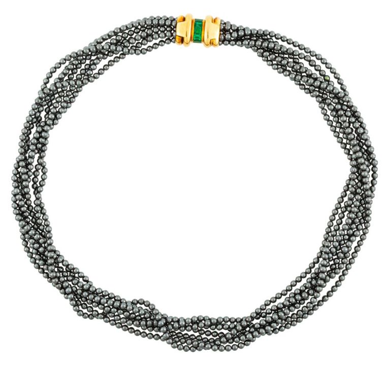 Hematite beads necklace with 18k yellow gold emerald clasp