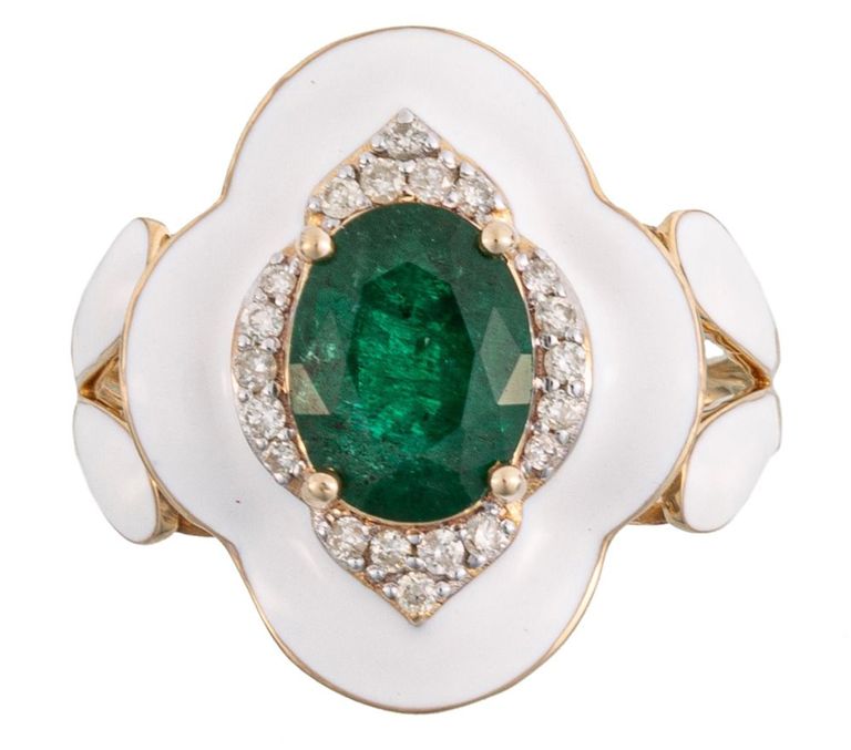 14k yellow gold emerald, diamond and enamel ring