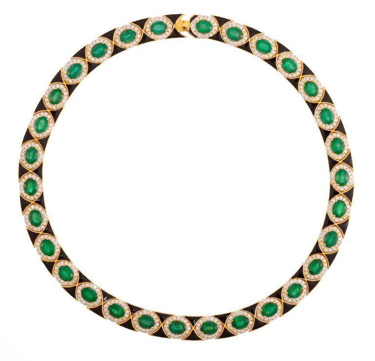 18k yellow gold emerald, diamond and enamel necklace