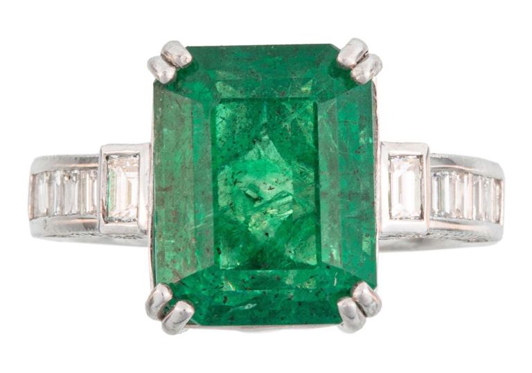 Platinum emerald and diamond ring