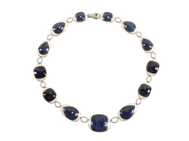 18k two-tone gold sapphire, diamond and enamel necklace