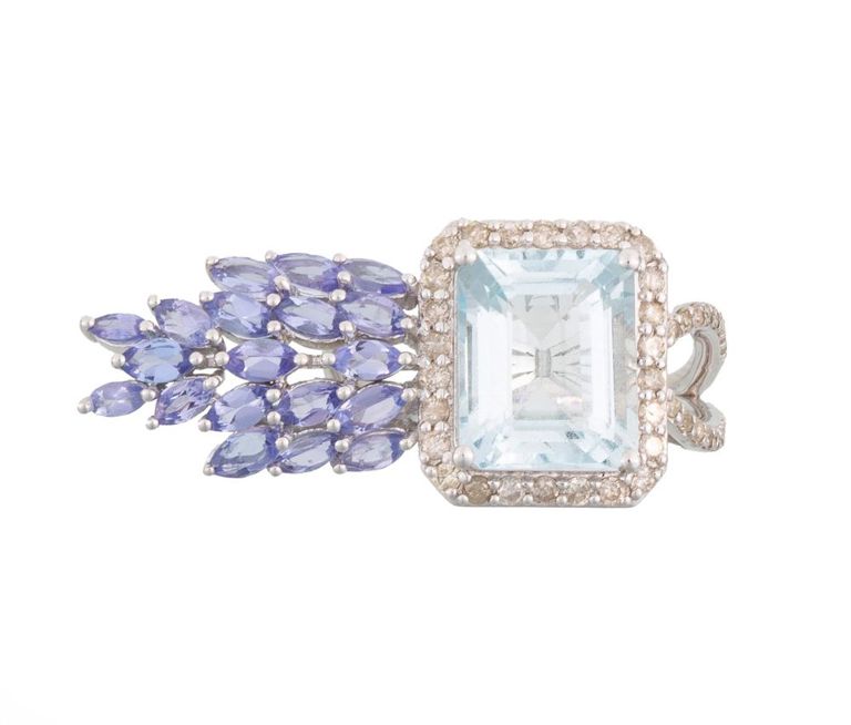 14k white gold aquamarine, tanzanite and diamond ring