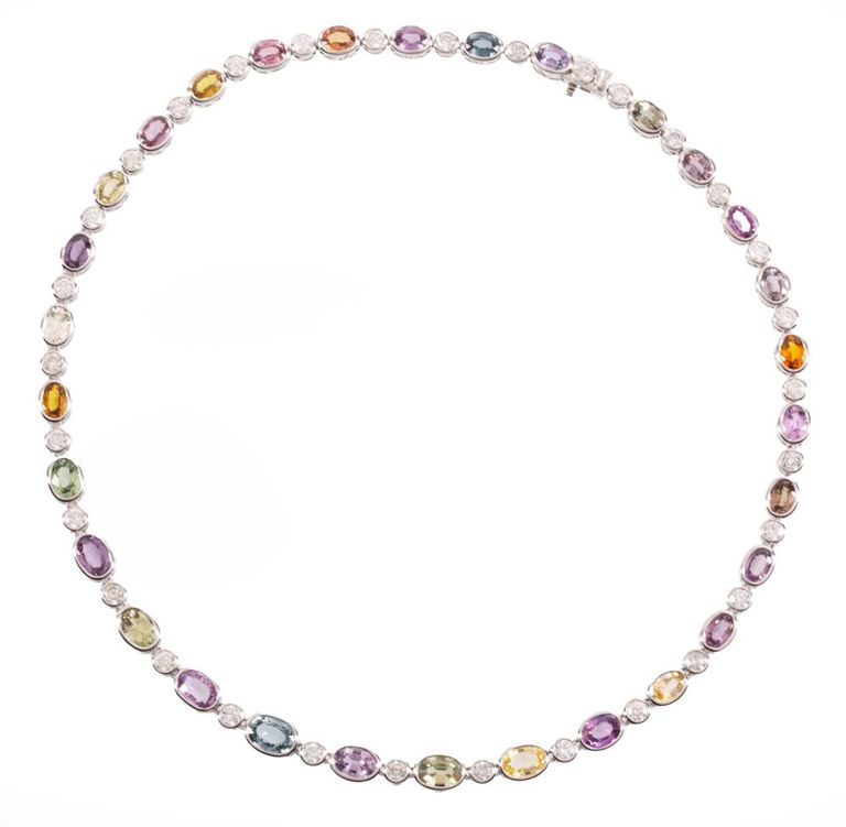Platinum multicolored sapphire and diamond necklace