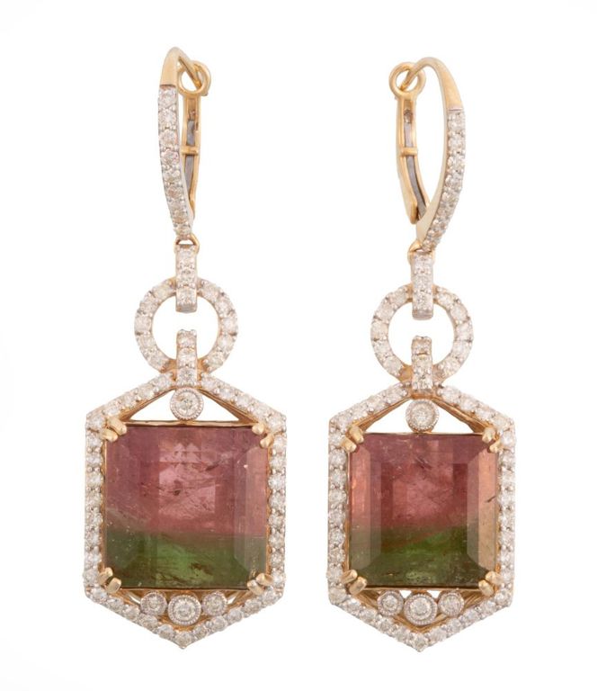 14k yellow gold tourmaline and diamond dangle earrings