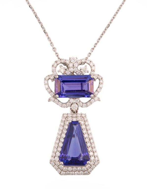 Platinum, tanzanite and diamond pendant on chain