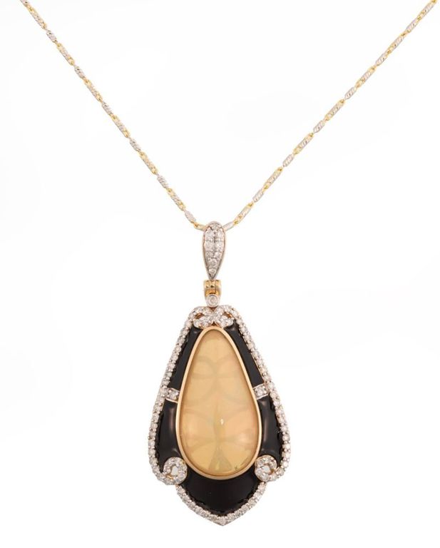14k two-tone gold opal and diamonds pendant on chain