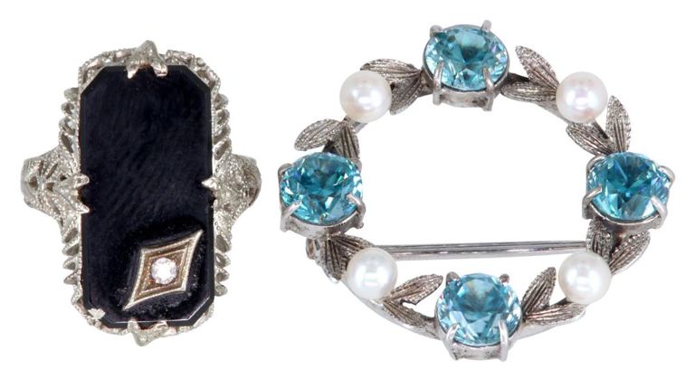 (2) ESTATE 14KT WHITE GOLD RING & 10KT BROOCH