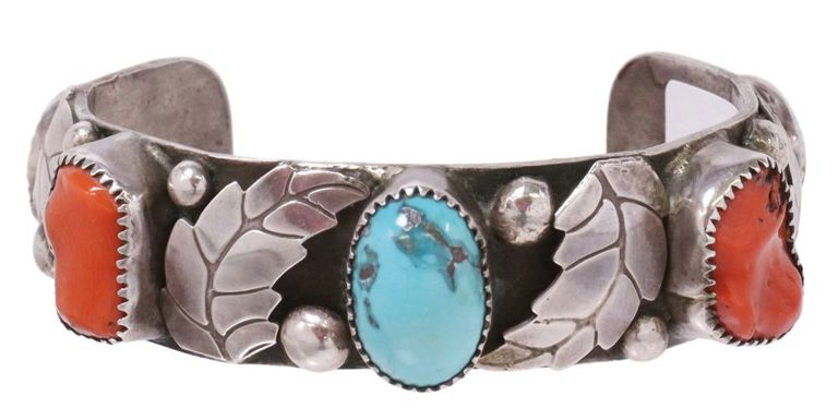 Southwest Silver Turquoise & Red Coral Cuff