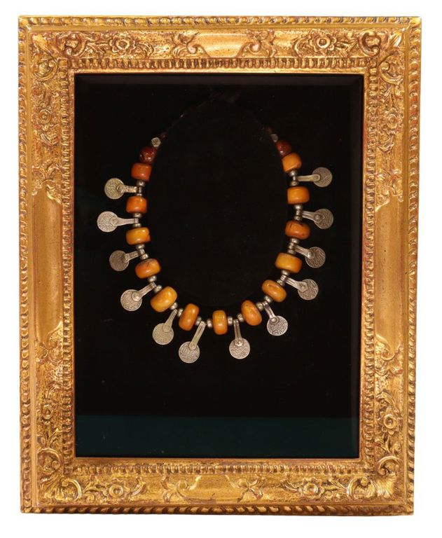 Framed Ethnographic Beaded Amber-tone Necklace