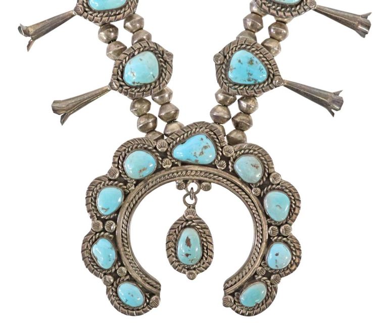 Native American Turquoise Squash Blossom Necklace