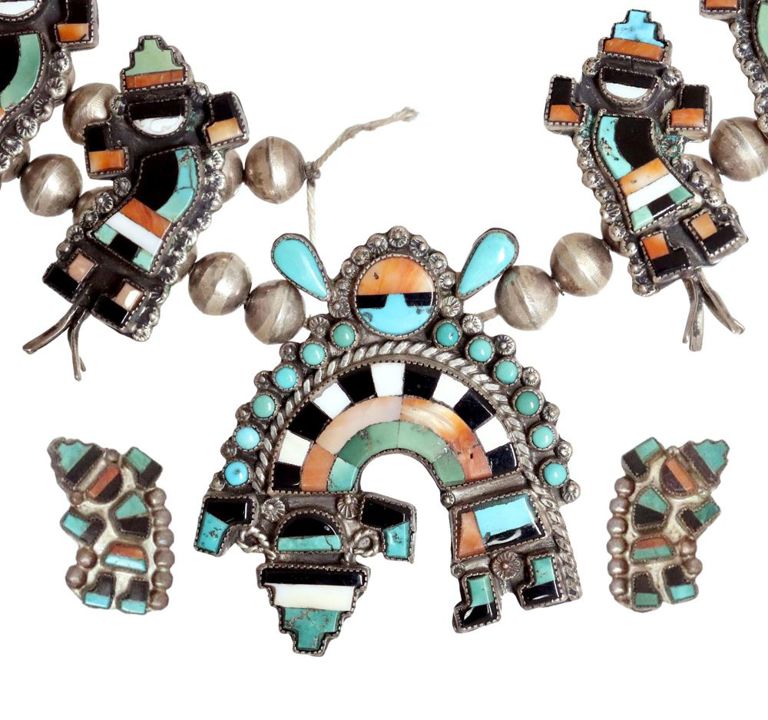 Zuni Pueblo Rainbow Man Squash Blossom, Earrings