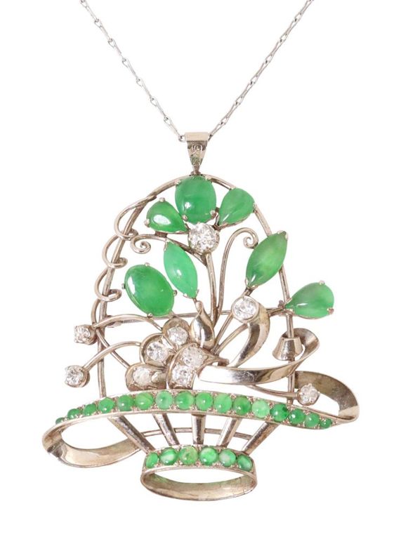 Estate 18kt Diamond & Jade Flower Basket Pendant