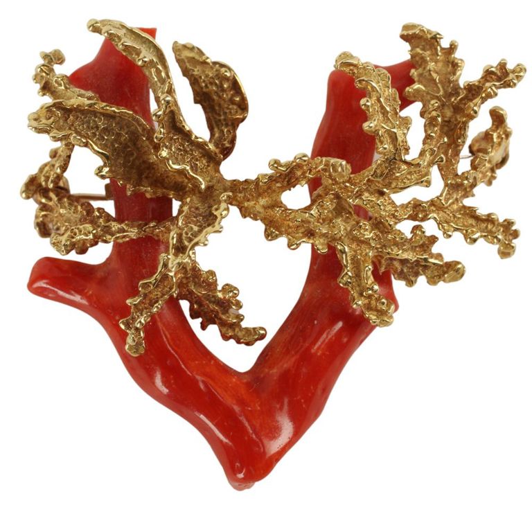 Vintage Gross Germany 18kt & Red Coral Brooch