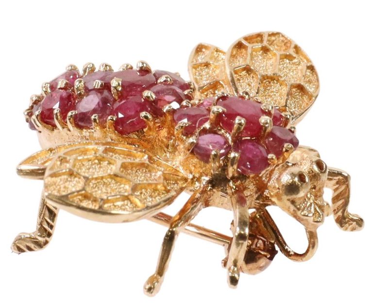 Estate 14kt Gold & Ruby Bumblebee Pendant Brooch