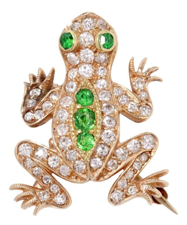Estate 14kt Diamond & Tsavorite Garnet Frog Pin