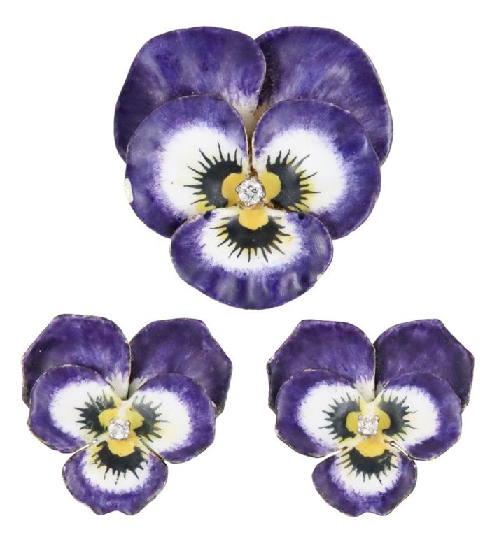 Estate 14kt Enameled & Diamond Pansy Jewelry