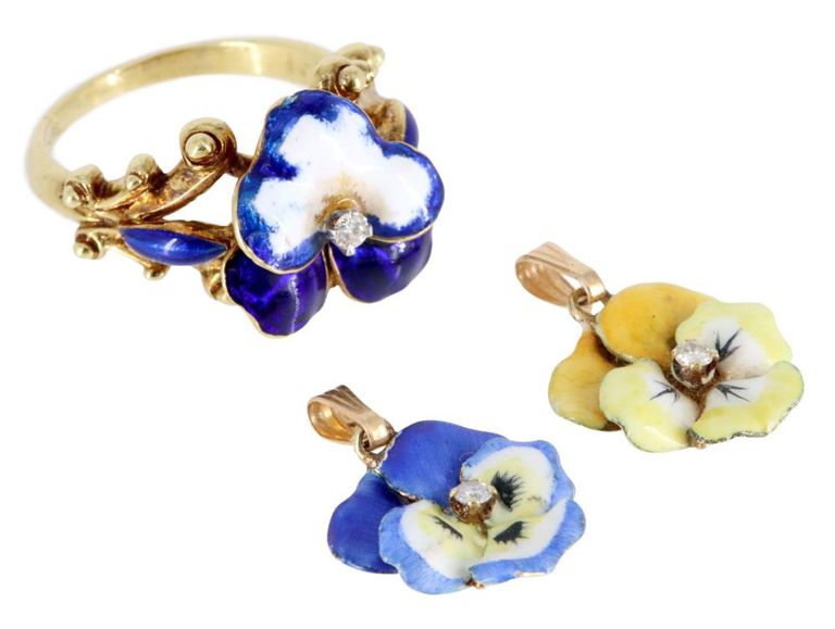 Estate Gold Enameled Pansy & Diamond Jewelry