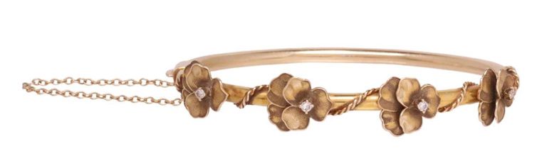 Estate 14kt & Diamond Pansy Flower Hinged Bangle