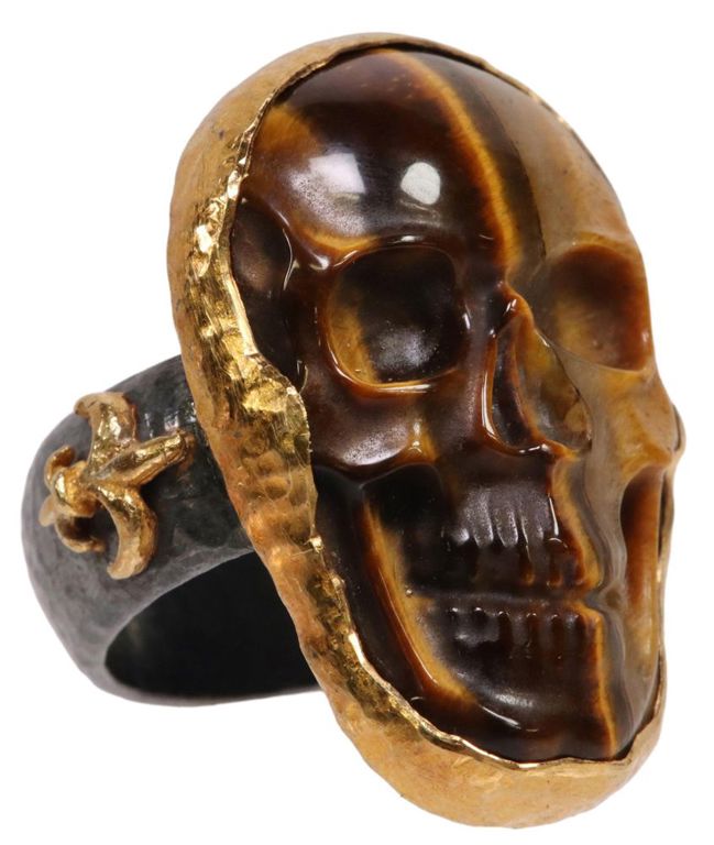 Estate Ara Collection Carved Tigers Eye Skull Ring