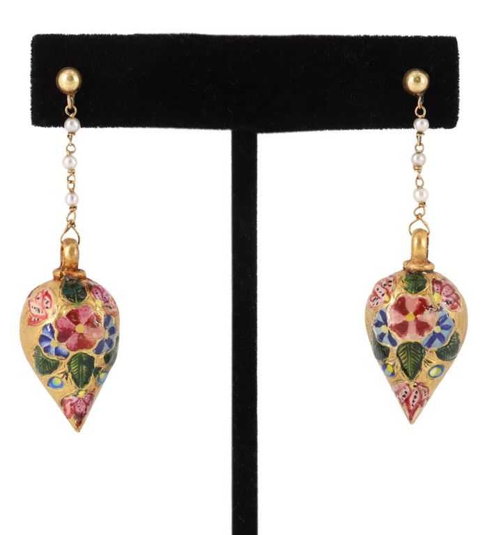 Estate 18kt Gold Seed Pearl & Enamel Drop Earrings